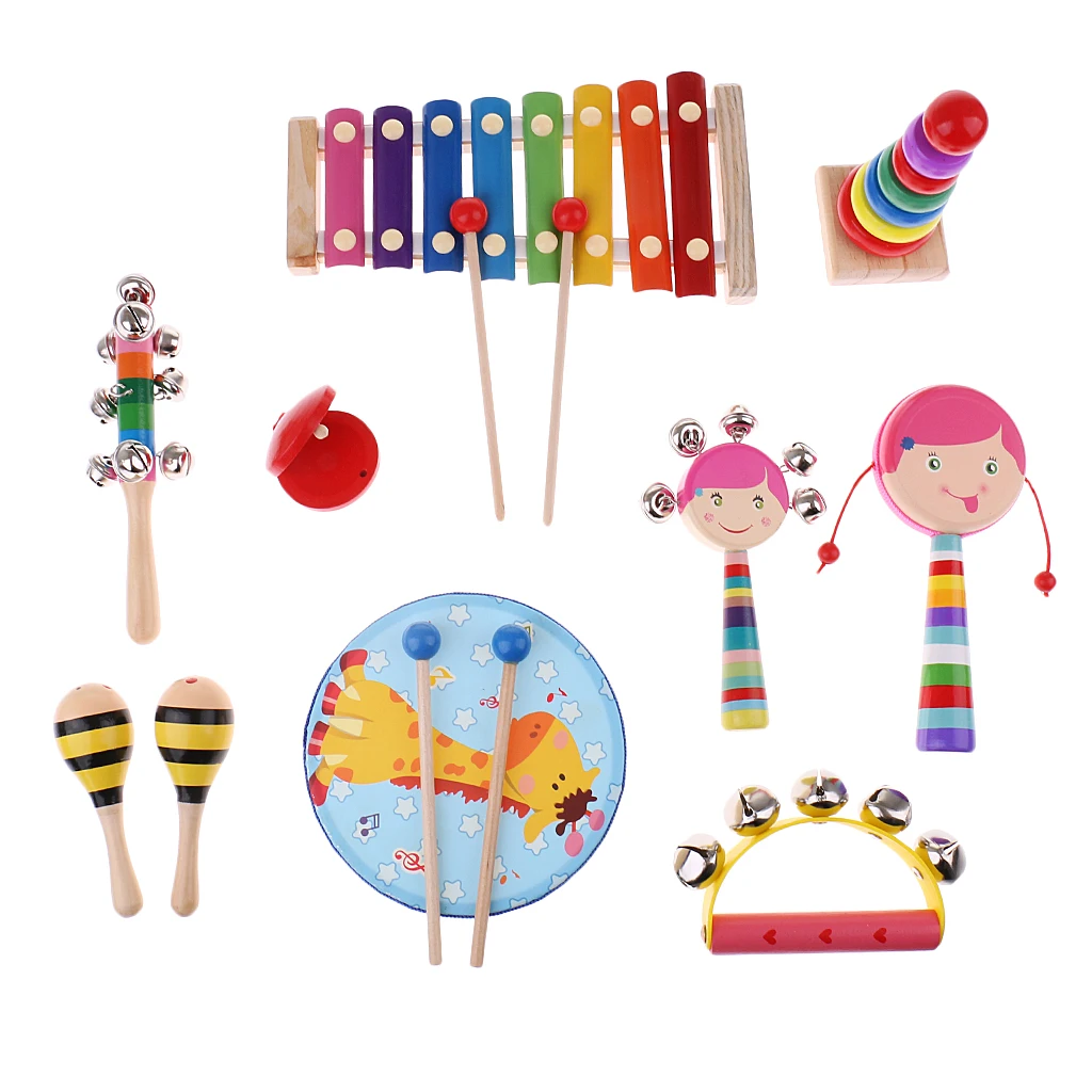 Orff World Educational Wooden Tambourine Teach Musical Instrument Children Toys for Babies Developing 10Pcs