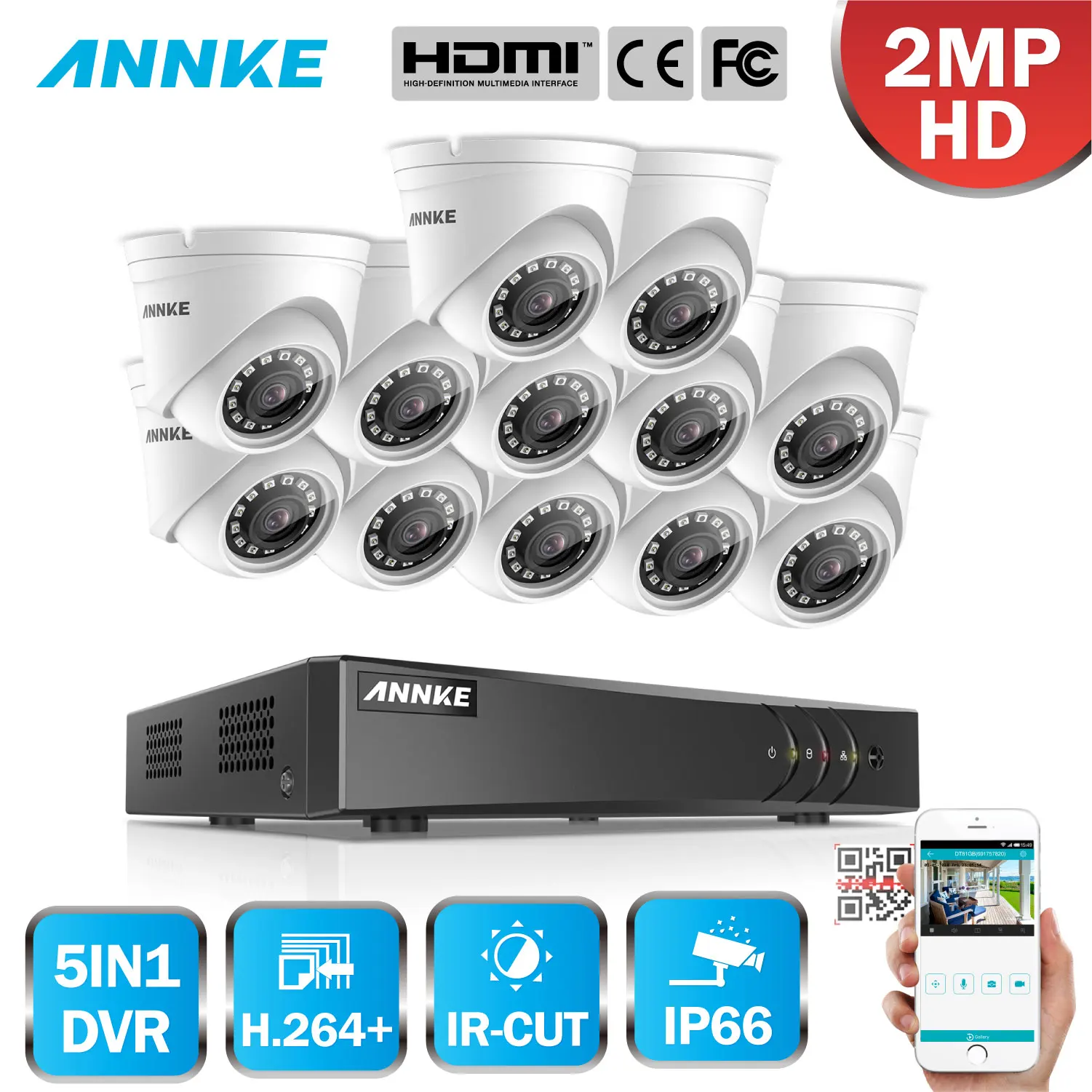 

ANNKE 1080P 5in1 16CH CCTV Home Video Security System Lite H.264+ DVR 12PCS TVI Smart IR Dome Weatherproof Cam Surveillance Kit