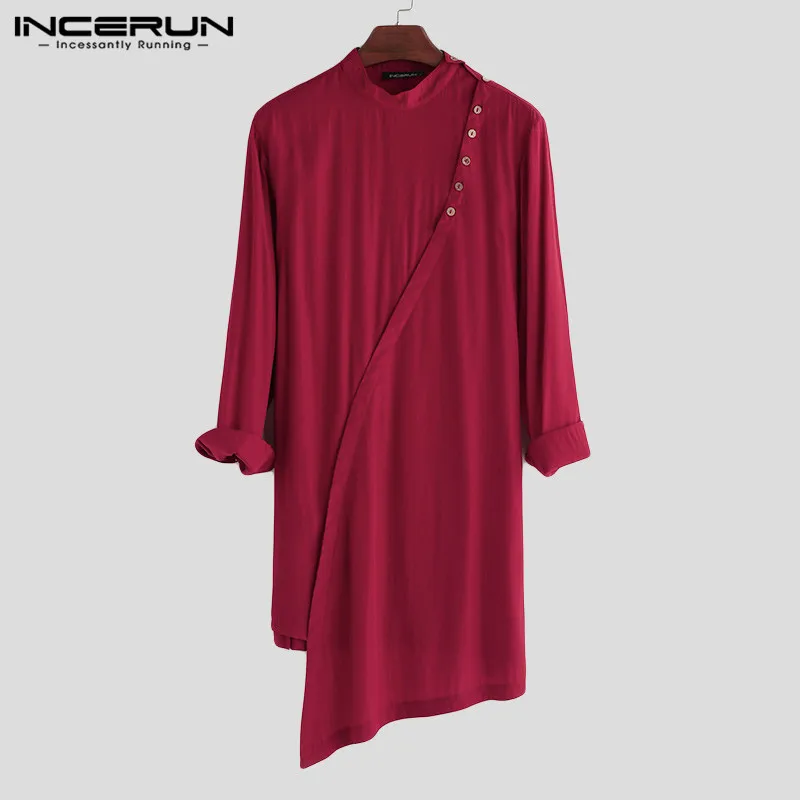 INCERUN, мужской индийский костюм, одноцветная рубашка на пуговицах, воротник-стойка, длинный рукав, винтажная мусульманская одежда, необычная длинная рубашка
