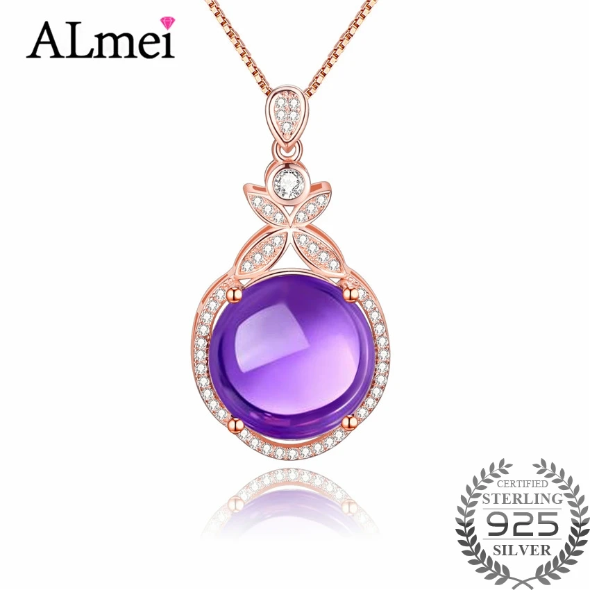 

Almei Purple Amethyst Crystal 925 Sterling Silver Statement Pendant Necklace Rose Gold Color Women Jewelry with Chain Box CN064