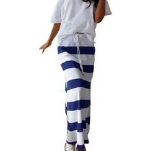 Повседневное Для женщин бело-голубые, в полоску длинные юбки Лето шнурок карман юбки стильная женская обувь прямые свободные юбки Femme Vestido