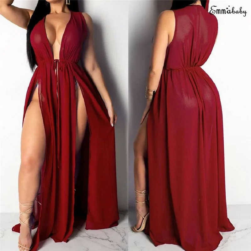 

Bikini Cover Up Woman Summer Sexy Women Long Boho Beach Bikini Cover-up Deep V Neck Holiday Red Party Bathing Suit Swimwear