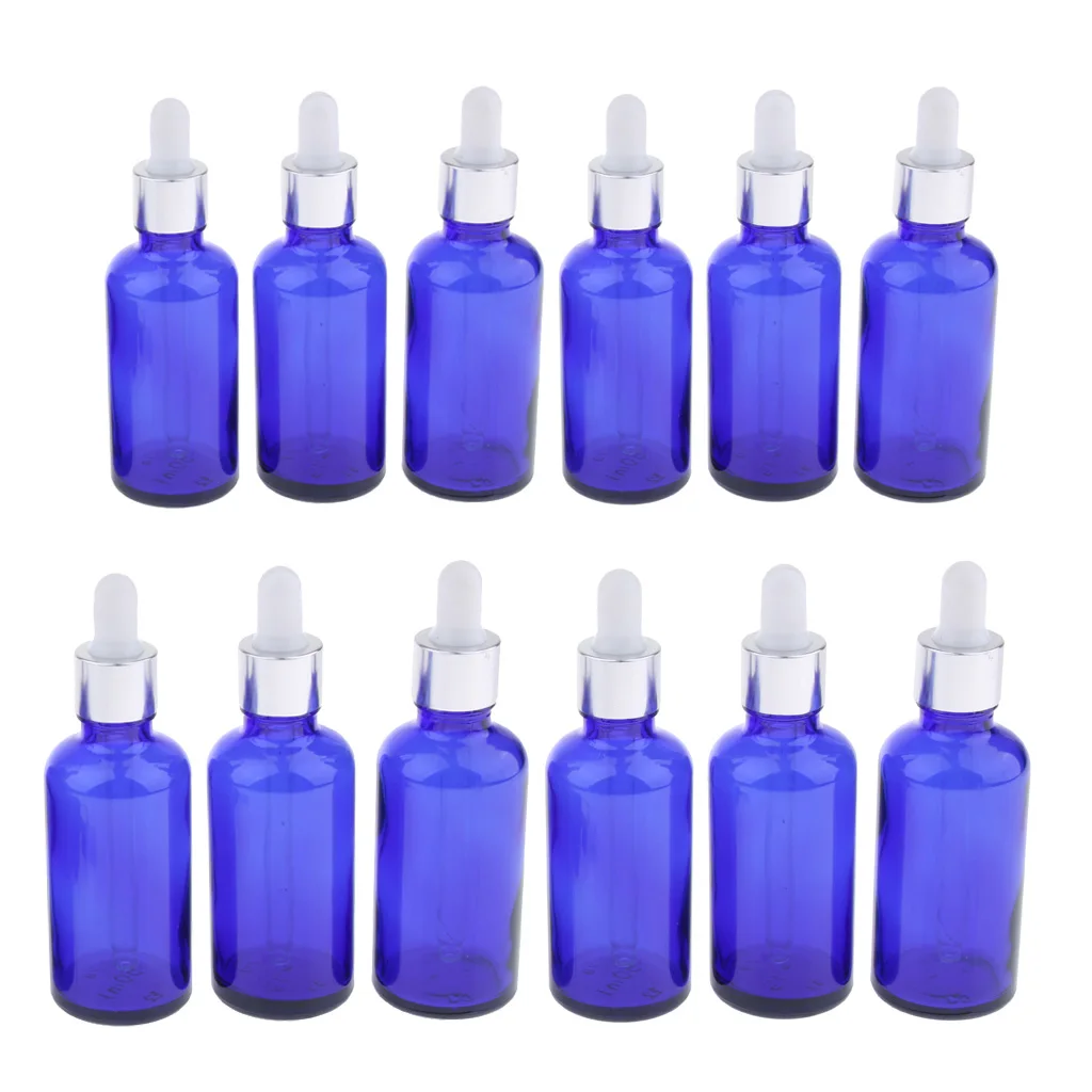 MagiDeal 12Pcs 30+50ml Reusable Glass Eye Dropper Pipette Bottle Essential Oil Vials Refillable Blue