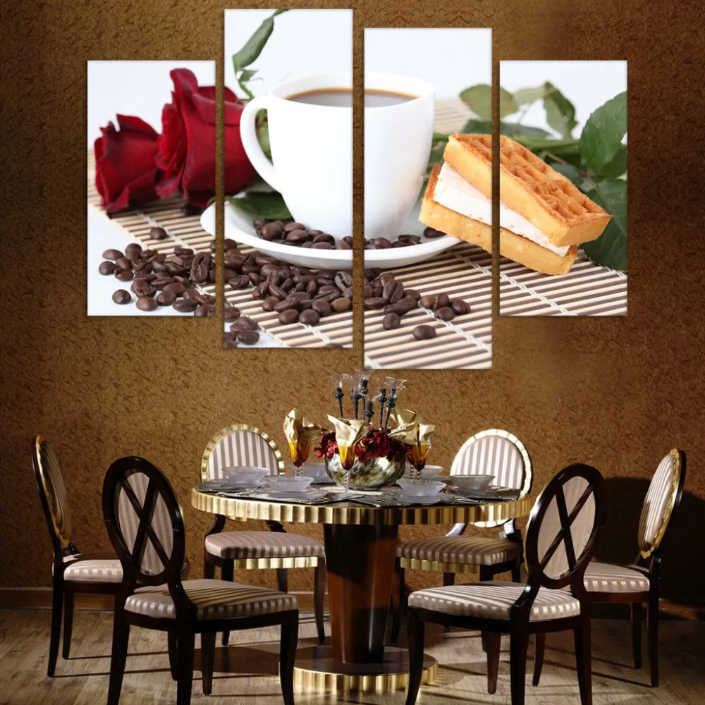 Canvas-Print-Painting-Artwork-Cafe-styles-Coffee-Beans-CFf025-HD-4-Panels-Set-Wall-Art-Picture