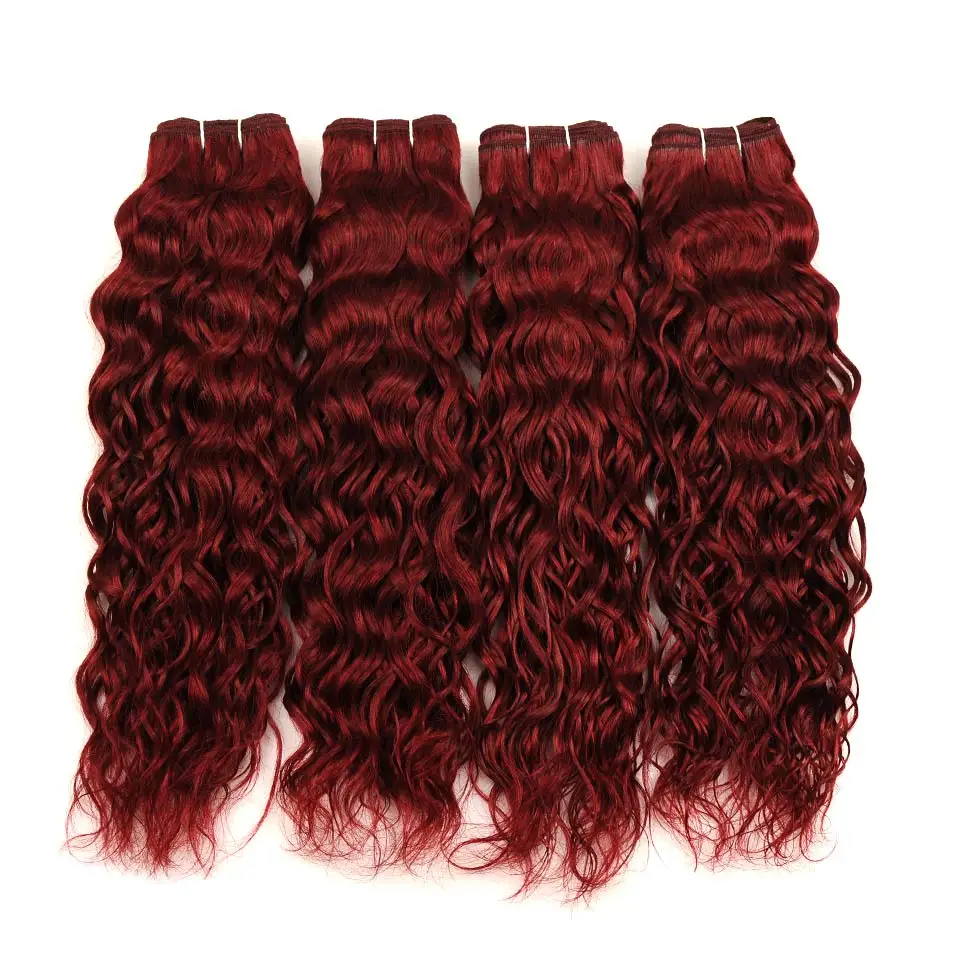 Pinshair смелый красный 99j Воды перуанского Волна волос 4 Связки с Синтетическое закрытие волос 100 Человеческие волосы ткань расширения с