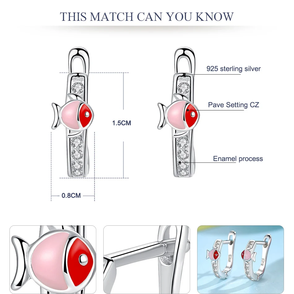 ELESHE Authentic 925 Sterling Silver Earrings AAA Zircon Crystal Red Enamel Fish Stud Earrings For Girls Kids Children Jewelry
