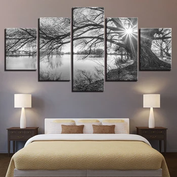 

Canvas Pictures For Living Room Wall Art Poster Framework 5 Pieces Lakeside Big Trees Paintings Black White Landscape Home Decor