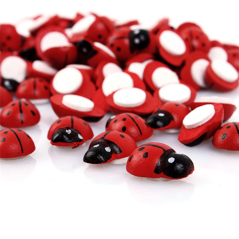 

100PCS Beatles Shape Wooden Ladybird Ladybug Sticker Children Kids Painted adhesive Back DIY Craft Party Holiday Decoration