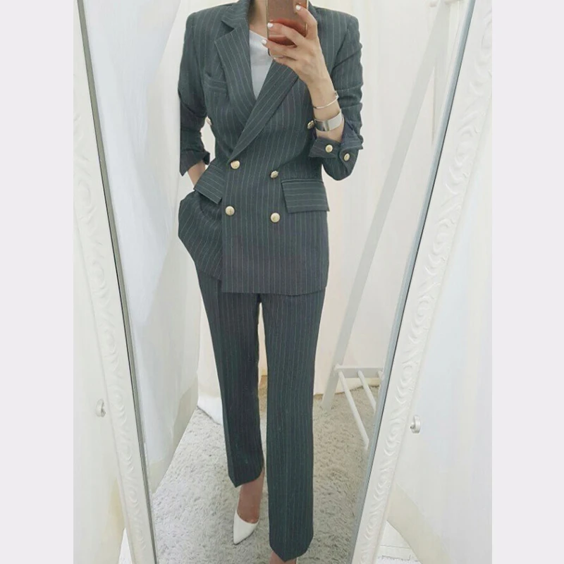 

BGTEEVER Work Business Striped Women Suits Double Breasted Slim Pant Suits Blazer Jacket & Pencil Pant Office Lady 2 Pieces set