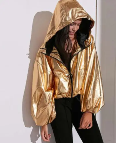 

Womens Gold Sleeves Hooded Casual Loose Jacket Short Waist Length Outerwear Coat S34