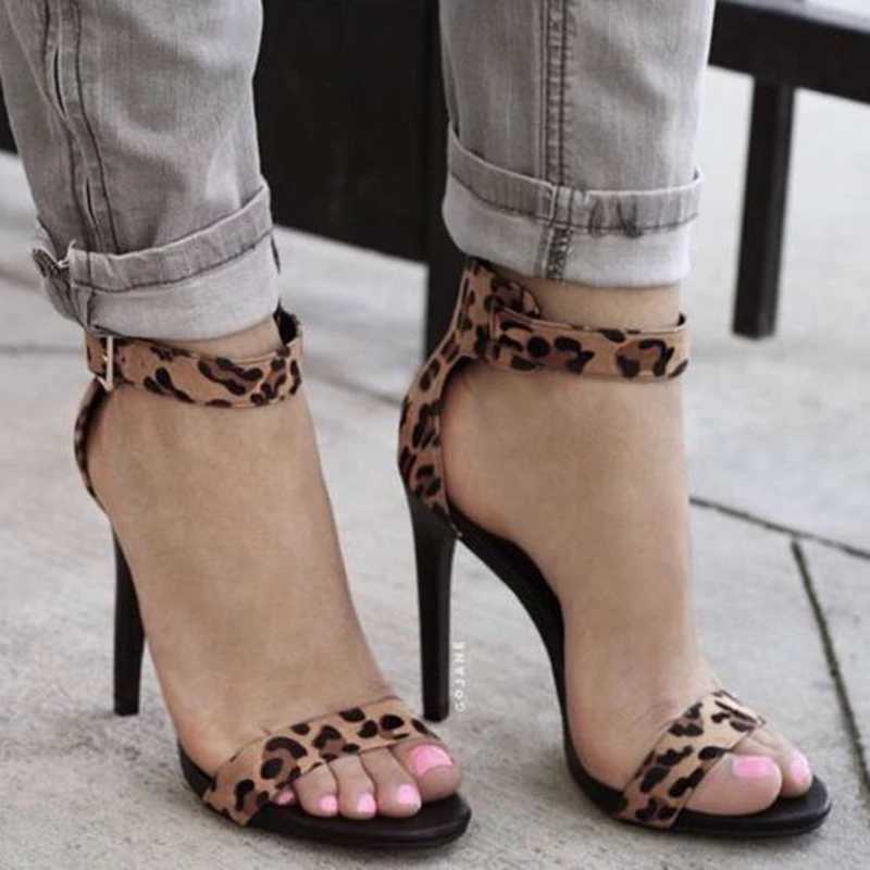 

2019 Women Summer 11.5cm High Heels Buckle Strap Sandals Lady Sexy Pumps Female Leopard Print Dress Sandals Stiletto Brown Shoes