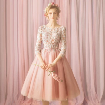 

2019 Dusty Pink Tulle Three Quarter Short Prom Dress Illusion Lace Appliqued Boho Party Gowns Graduation Trendy Evening Gowns