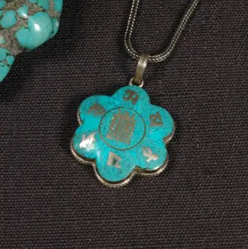 

Handmade 925 Silver Turquoise Tibetan Six Words Pendant Necklace Tibetan Buddhist Klachakra Pendant Necklace Bohemia Necklace
