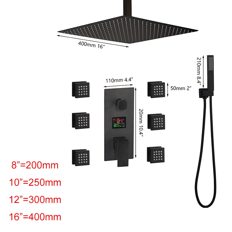 JIENI светодиодный черный душ для ванной сообщения струи Термостатический Температурный Дисплей Настенный дождевой набор для ванной комнаты Смеситель для ручного душа набор