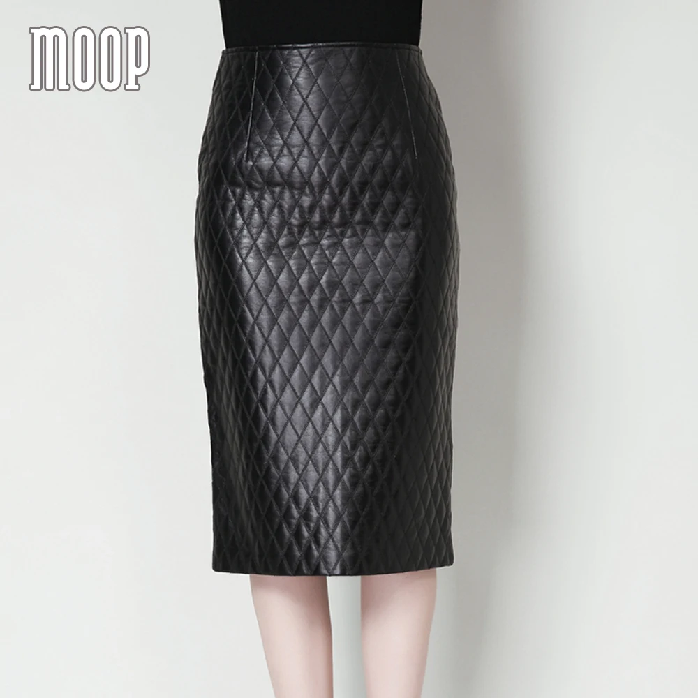 Quilted black genuine leather skirt women slim split pencil skirt