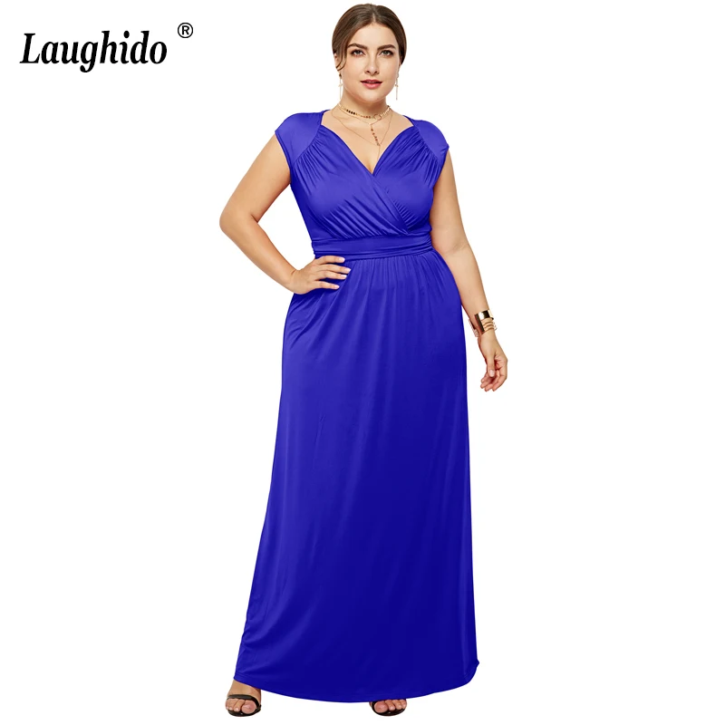

Laughido Plus Size Solid V Neck Maxi Dress Elegant Party Vestidos Sexy Slim Sleeveless Sundress Tunic Summer Women Clothes Dress