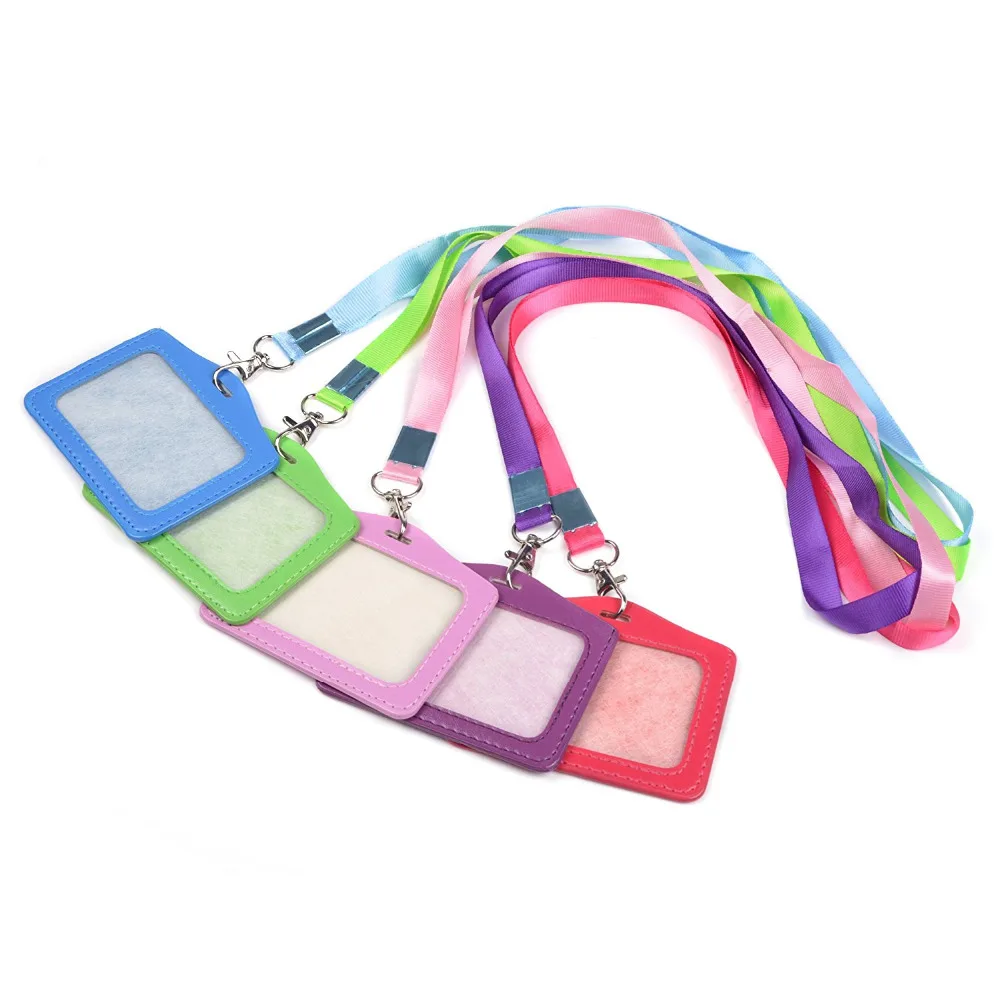 

XRHYY Assorted colors Faux Leather Business Id Credit Card Badge Holder Clear Pouch Case with Long Neck Strap Band Lanyard