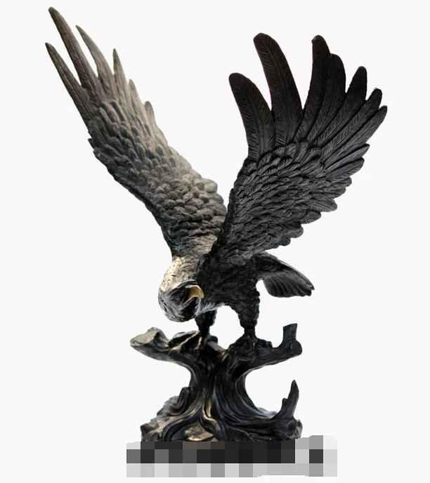 

16'' China Exquisite Pure Brass Wings Flying Eagle Hawk Stand Statue R0713 B0403