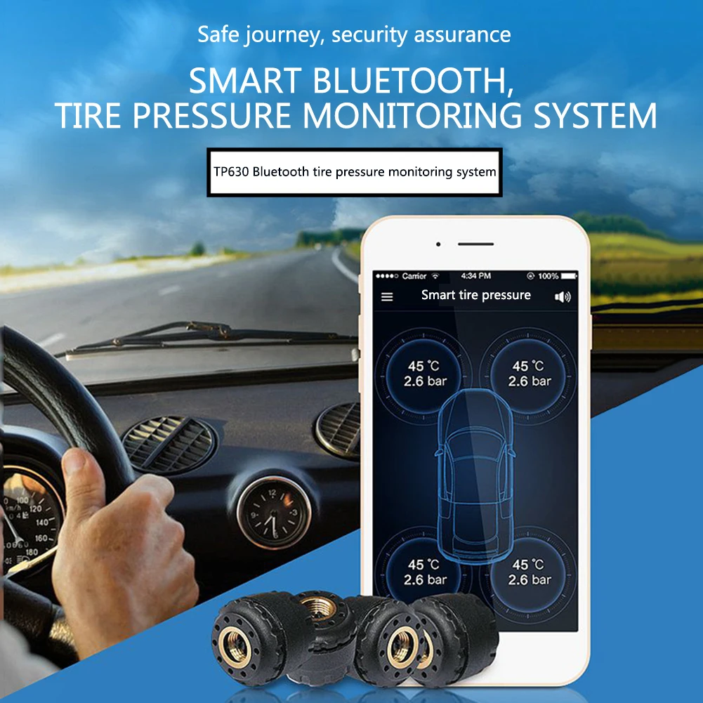 TP630 TPMS автомобильный Bluetooth TPMS давление в шинах PSI Бар Температурная сигнализация для Android iPhone IOS Телефон с 4 датчиками