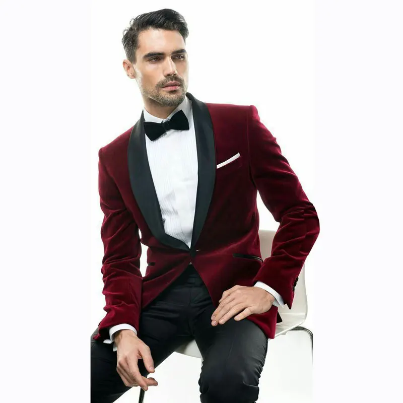 

Burgundy Velvet Men Suits for Wedding Smoking Jacket Custom Made Groom Tuxedos Slim Fit Terno Blazer Masculino 2piece Coat Pants