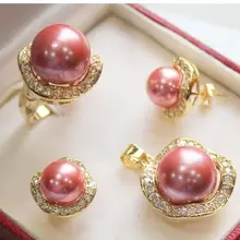 Редкие прекрасные очаровательные ювелирные изделия розовая Подвеска из перламутровой жемчужины ожерелье кольцо серьги набор позолоченная бижутерия серебряный крючок