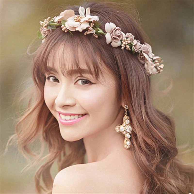 YOPOTIKA Flower Wreath Boho Women Big Flower Crown Festival Headband Wedding Garland Floral Hairband Khaki
