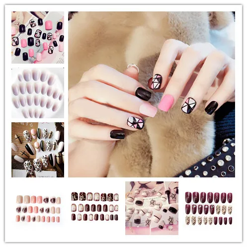 24Pcs/Set False Nails Leopard/Star/Gradient Color Design Nail Tips Full Cover Design Fake Nails With Glue Sticker Art Hot
