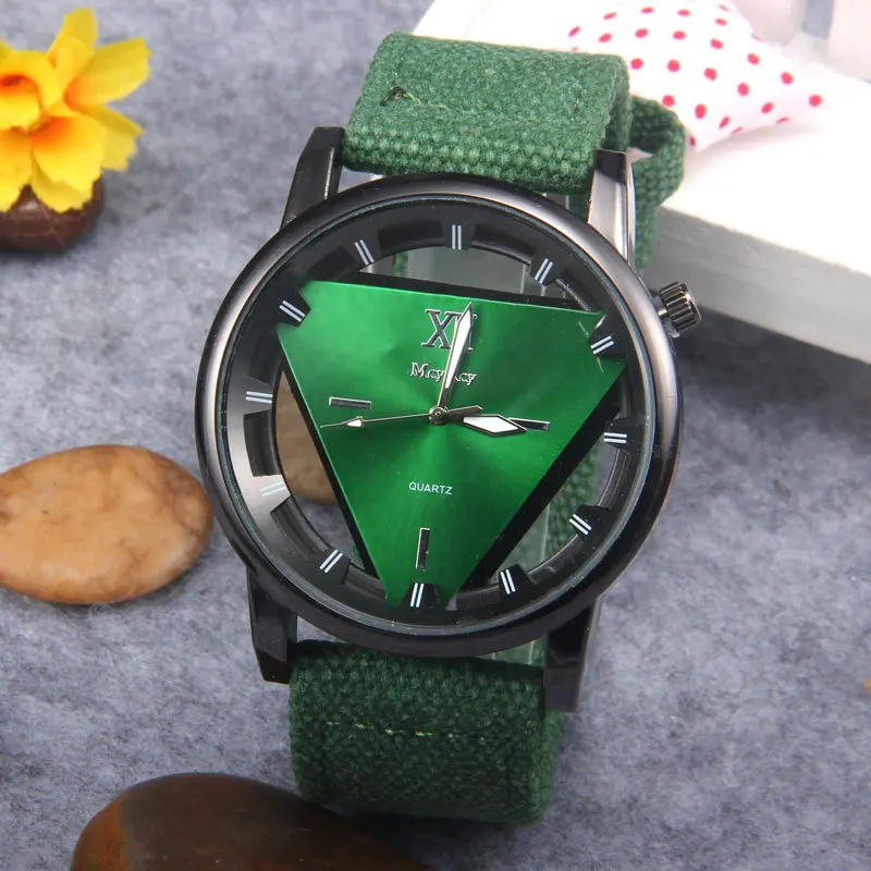 

6 Color Men's Creative Watch Denim Canvas Strap Triangle Double-sided Hollow Personality Large Dial Quartz Watch Casual Watch