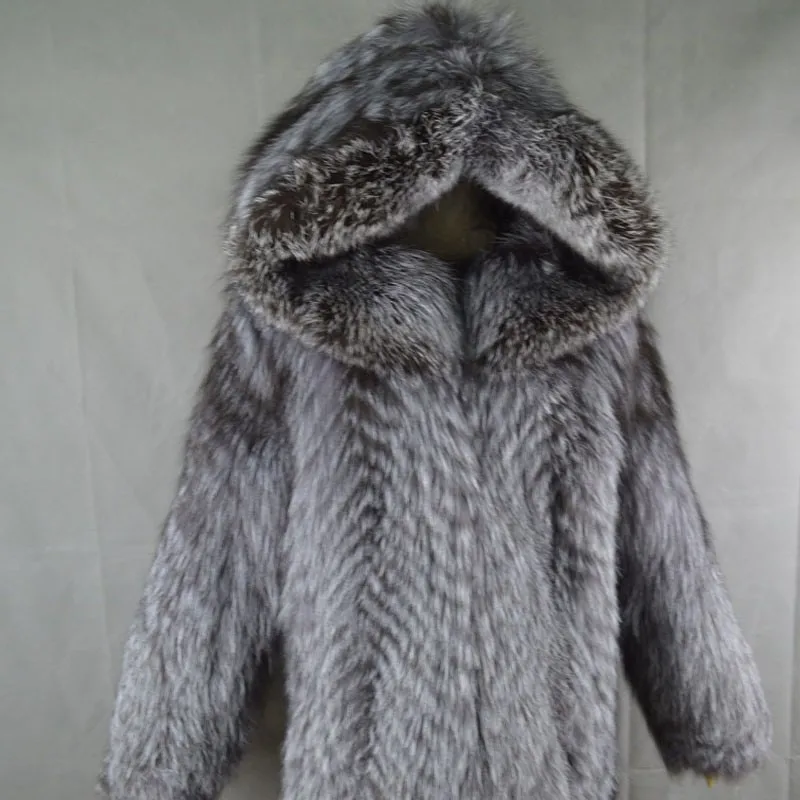 Женская Шуба из натурального меха серебристой лисы с капюшоном, зимняя теплая Длинная женская куртка с натуральным лисьим мехом, верхняя одежда с длинным рукавом C2