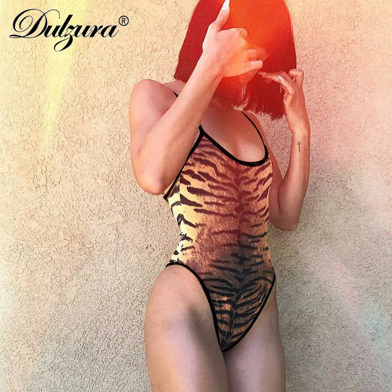 Dulzura Tiger stripes печати пикантные женские боди 2018 лето осень женский без рукавов bodycon