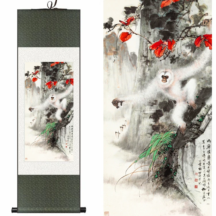 

Traditional Chinese Silk watercolor Animal monkey ape ink art print feng shui canvas wall picture damask framed scroll painting