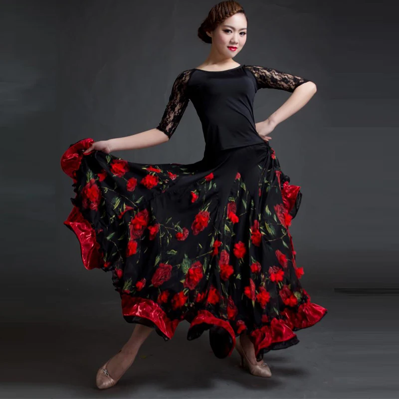 

Ballroom Dance Competition Dresses Women Three-Dimensional Flower Long Skirt Female Modern Waltz Tango Big Swing Skirt DL3009