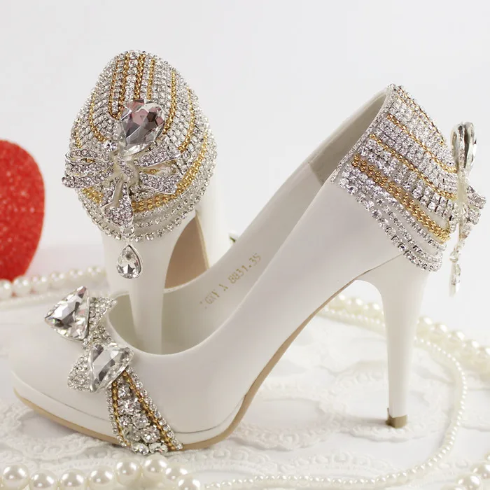 NEW high heeled rhinestone bride wedding shoes white princess crystal single shoes female party pumps free