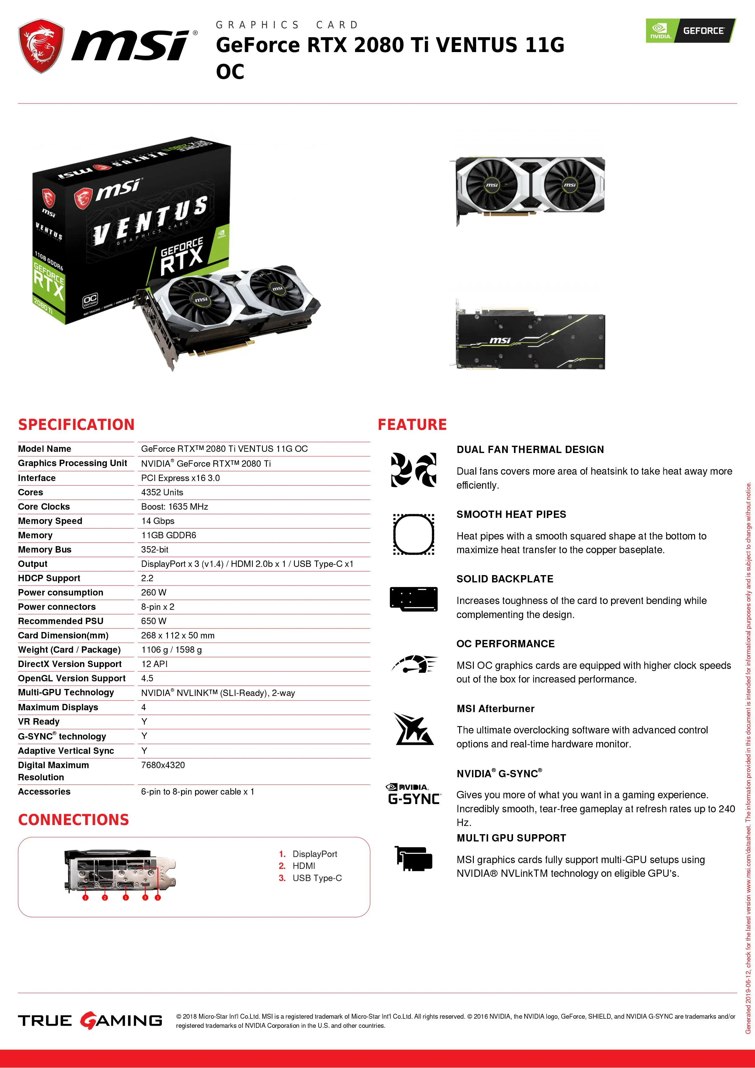 Видеокарта MSI GeForce RTX 2080Ti VENTUS 11G OC 11 GB GDDR6 1635 MHz 4352 единиц 352 бит 14 Гбит PCI Express x16 3