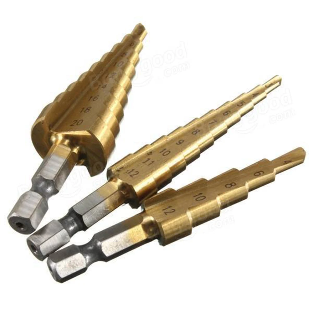 Mainpoint 3pc Titanium Hss Stepped Down Drill Step Drill Bits Set 1/4 Mainpoint 3pc Titanium Hss Stepped Down Drill Step Drill Bits Set 1/4