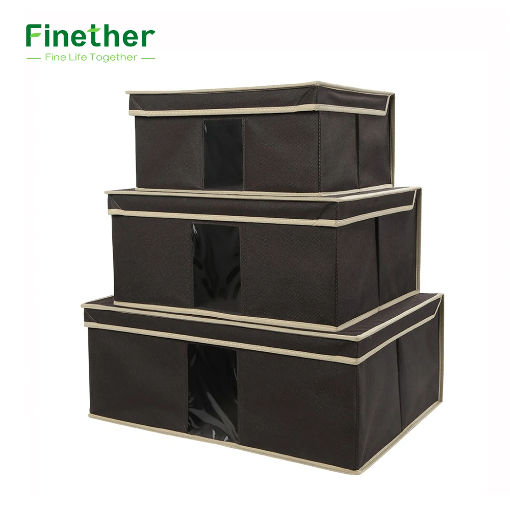 Set of 3 Foldable Fabric Storage Box Case with Lid and See