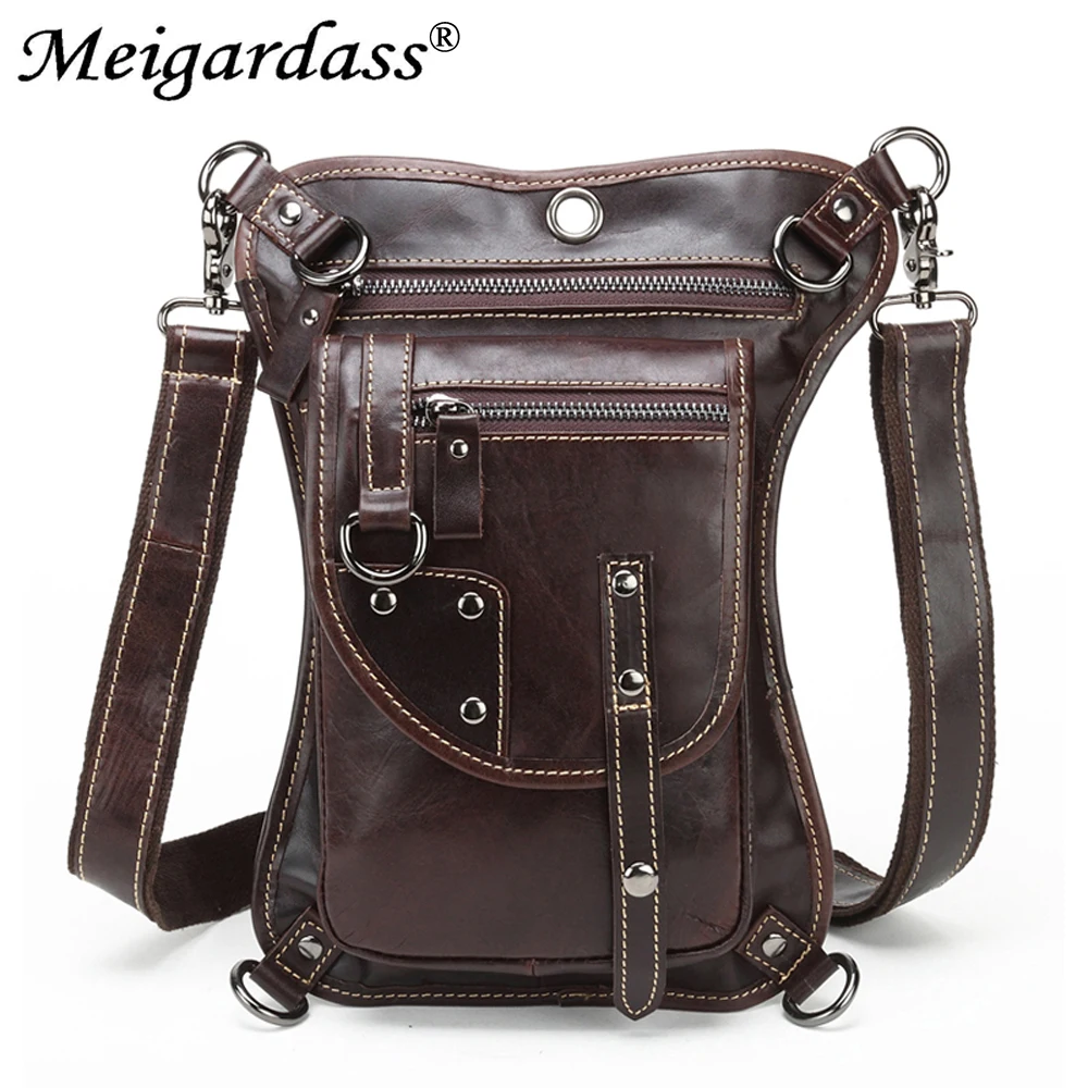 MEIGARDASS Genuine Leather Waist Belt bag Men Motorcycle Leg Drop Bags Travel Shoulder Messenger