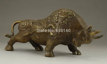 

CHINESE OLD BRASS HANDWORK CARVING BULLFIGHT COW WEAR DRAGON LOTUS STATUE
