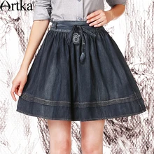 Artka Women’s Summer New Vintage Embroidery A-Line Mini Skirt Empire Waist Cutton Denim Skirt QN10056X