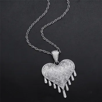 

OMYFUN Factory Sale Drip Heart Pendant Necklace Women Men Hip Hop Bling Jewelry CZ Paved Broken Heart Pendant & Necklace Bijoux