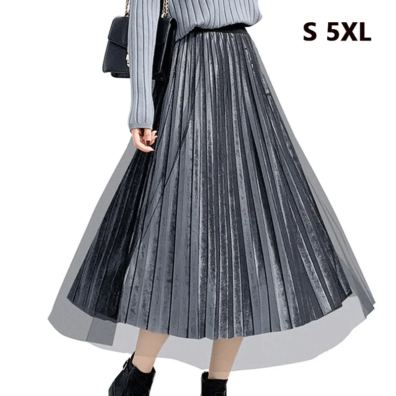 

2019 Autumn Women Gold Velvet Skirt High Waist Tight Long Pleated Skirt Plus Size 4XL 5XL Midi Saia Black Green Casual Skirt 172