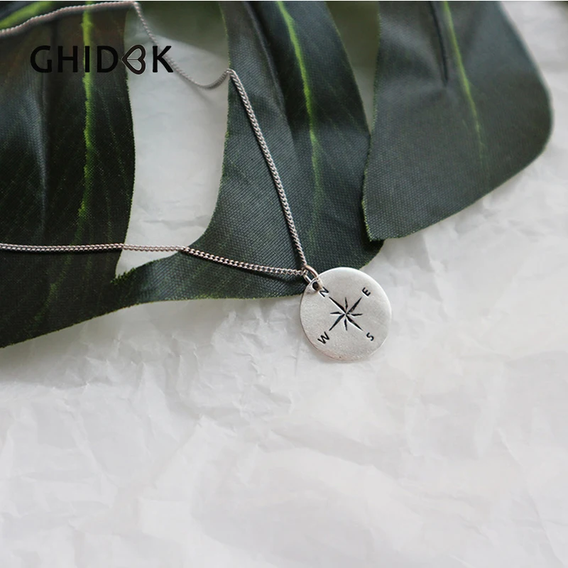 

GHIDBK 925 Sterling Silver Round Compass Chokers Necklaces for Women Simple Coin Disc Pendant Necklaces Nautical Sailor Jewelry