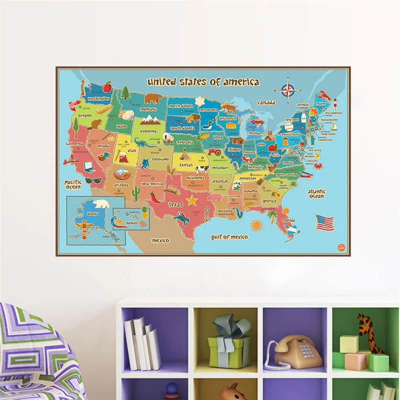 Животные и растения карта американских настенные наклейки для детского сада классная детская комната украшение дома США плакат в виде карты искусство поделки ПВХ наклейка