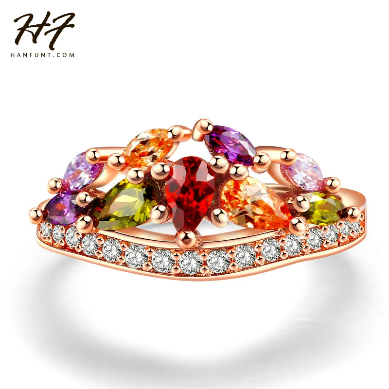 AAA Zircon Colored Stone Rose Gold Color Ring CZ Crystal Engagement Jewelry Classic Round Wedding Rings for Women R489