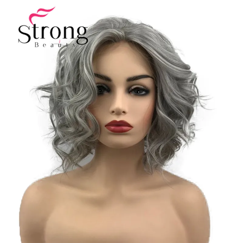 StrongBeauty парик фронта шнурка серый и белый микс короткие волнистые синтетические термостойкие волосы парик для женщин выбор цвета