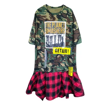 

2019 summer new patch camouflage dress female loose plaid skirt pendulum personality stitching short sleeve