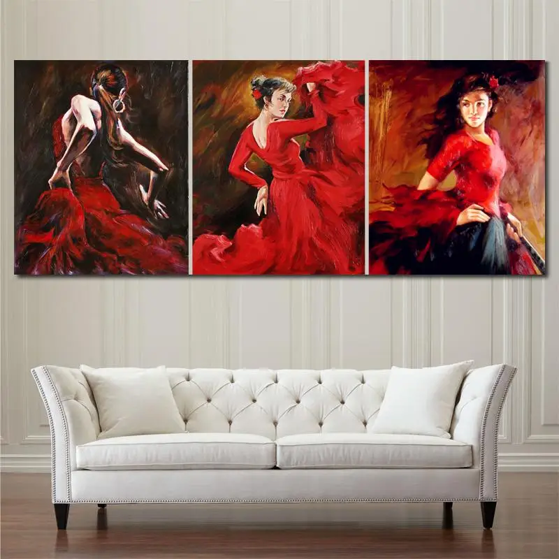 Hand painted Oil paintings Canvas Flamenco Dancer Spanish woman Bright Red Dress figure art for wall decor Set of 3 High quality Hand painted Oil paintings Canvas Flamenco Dancer Spanish woman Bright Red Dress figure art for wall decor Set of 3 High quality
