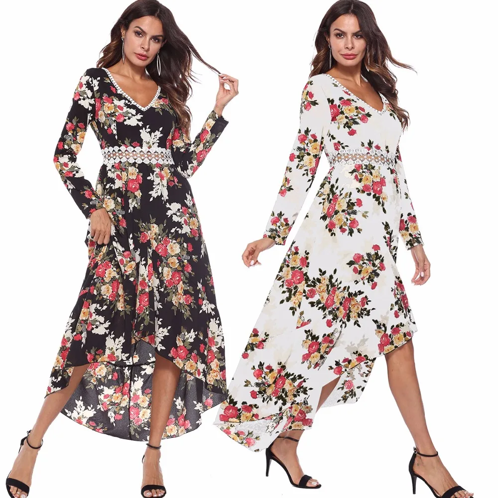 Floral Print Long Women Dress V-Neck Full Sleeve Spring Sexy Hollow Out Waist Personality Western Style Gilr Clothes |