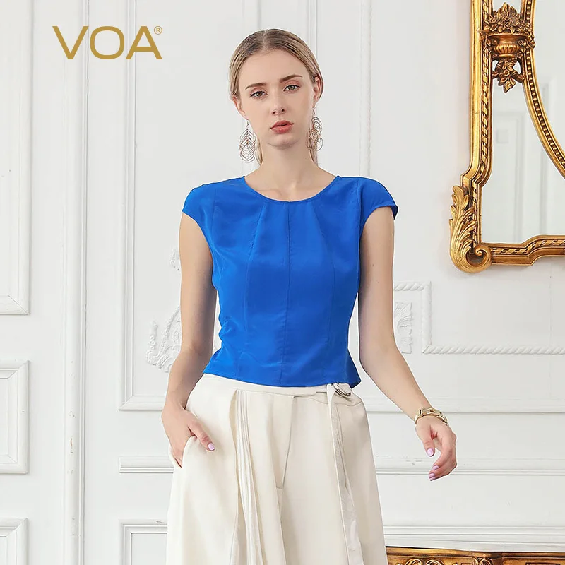 VOA Silk T Shirt Summer Ladies Tops Short Sleeve Casual Tee Slim Women Clothes Basic Large Size Brief Solid Streetwear B708 Tops