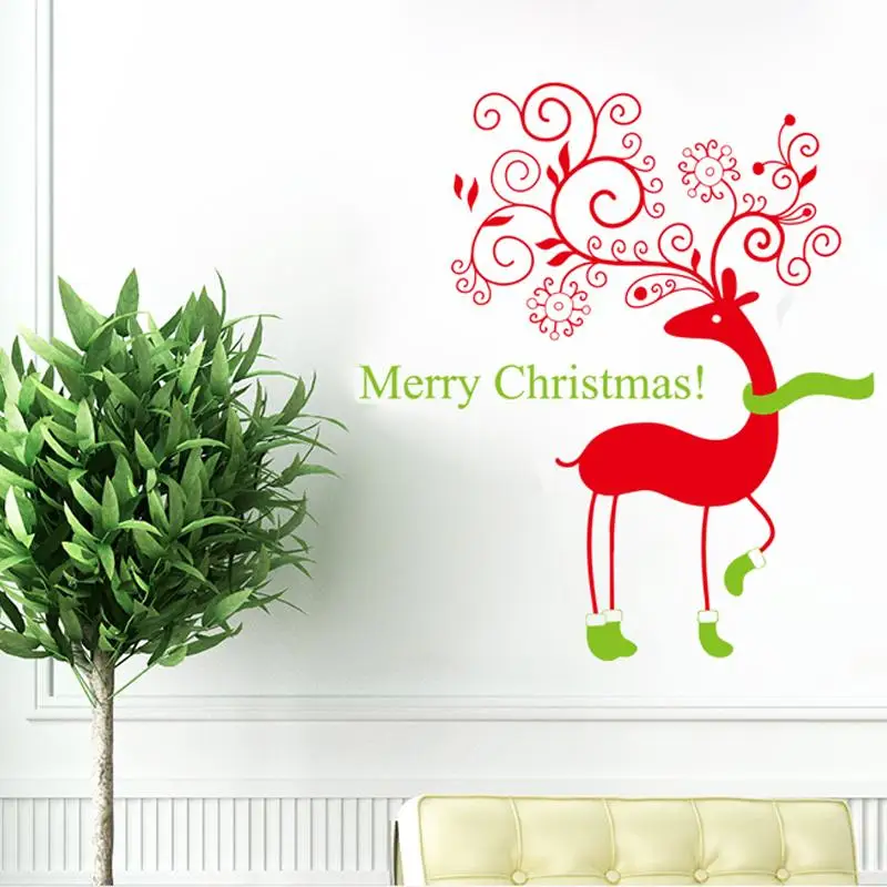 Merry Christmas Quotes Cartoon Reindeer Vinyl Wall Stickers Festival Decoration Home Decals Animals Mural Art Diy Xmas Posters | Дом и сад